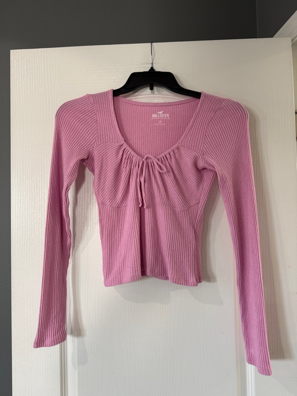 HOLLISTER Pink Ribbed Long Sleeve Babydoll Crop Tie Front Sweater Size Small